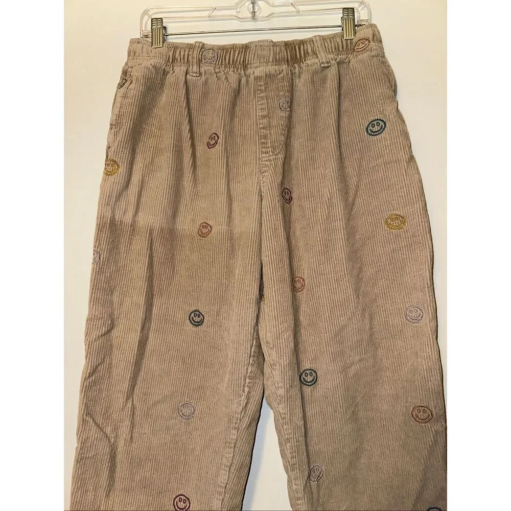 Urban Outfitters Men’s Medium Tan Corduroy Pants Embroidered Smiley Faces GUC